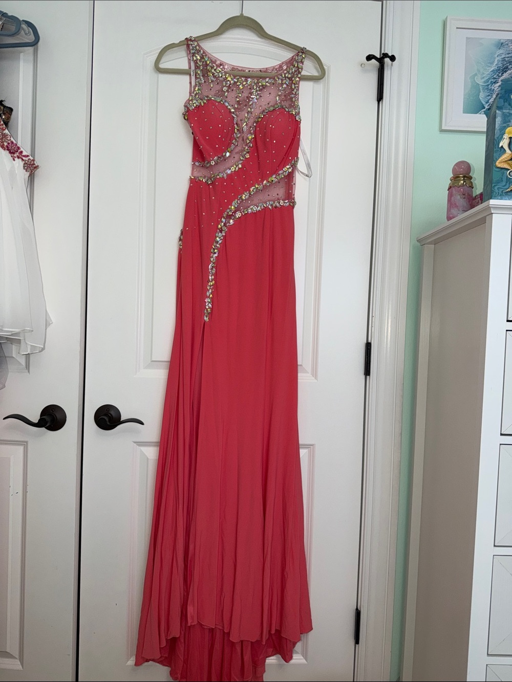 Tiffany Designs Coral Illusion Rhinestone Prom Gown